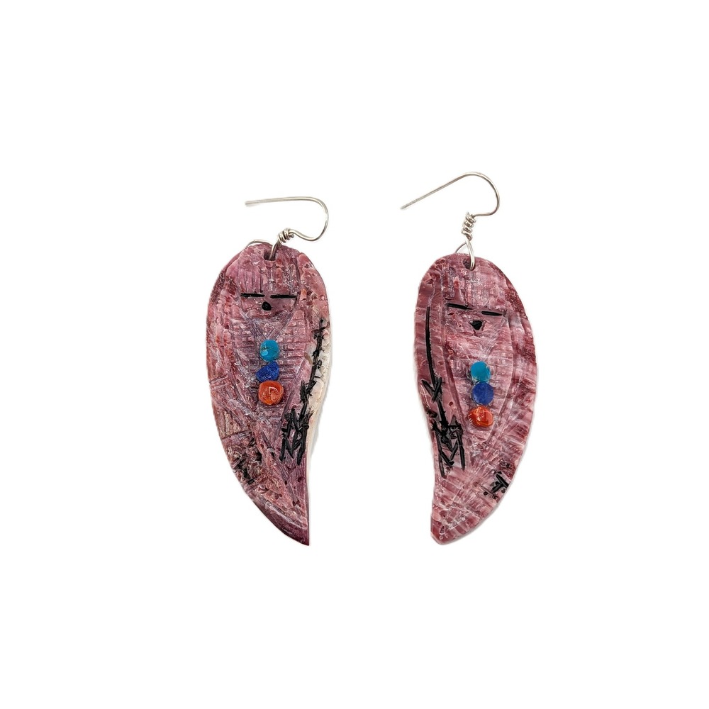 Zuni Purple White Spiny Oyster Corn Maiden Earrings Sterling Silver Signed - Picture 4 of 8